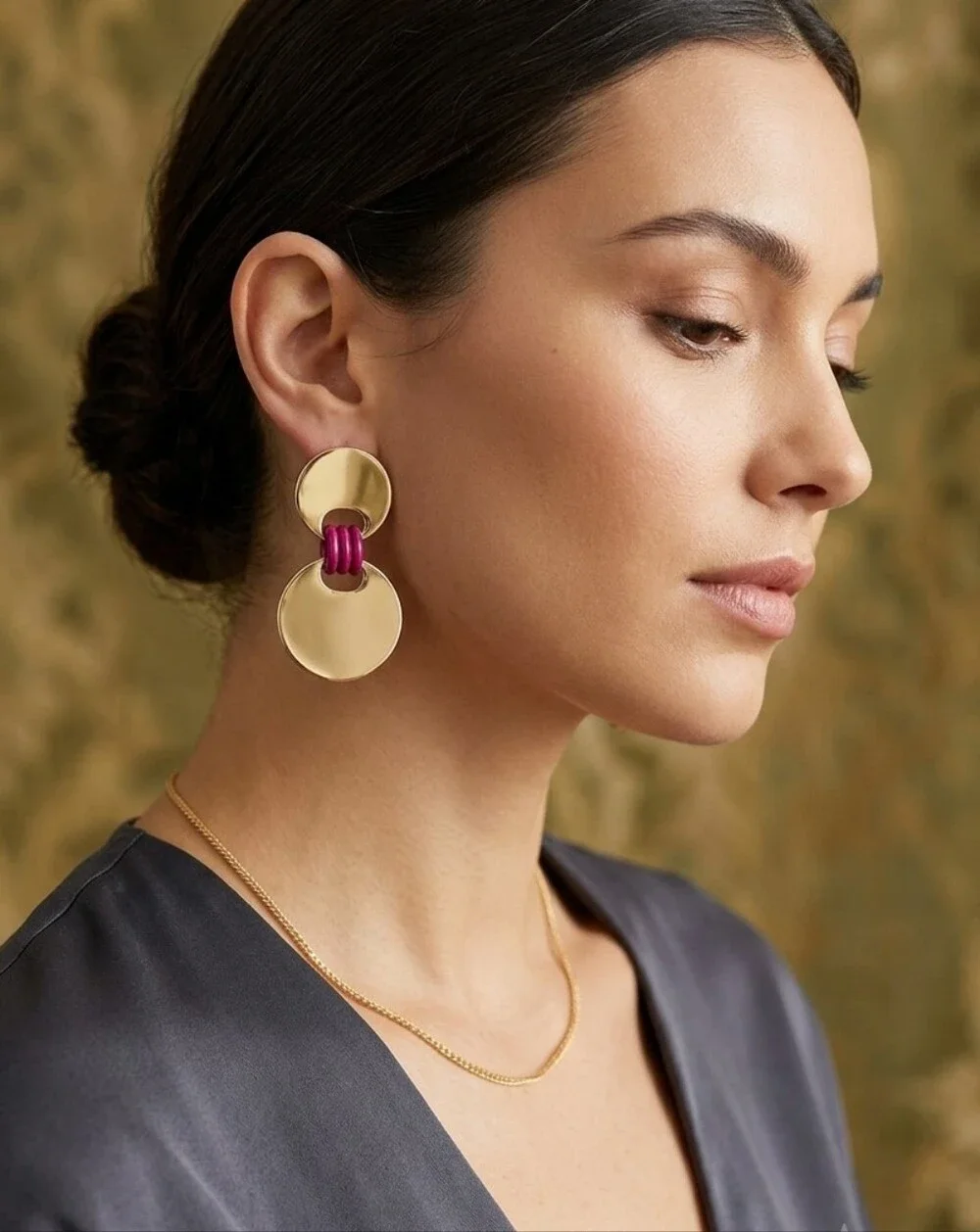 Gold-Tone and Fuchsia Disc Drop Earrings with Fuchsia Accent NWT